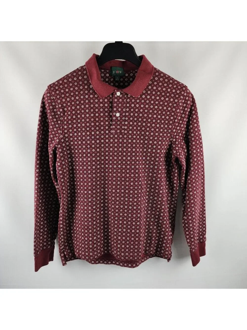 J. Crew Mens Shirt Medium Burgundy White Geometric Oarsman L/S Golf Polo